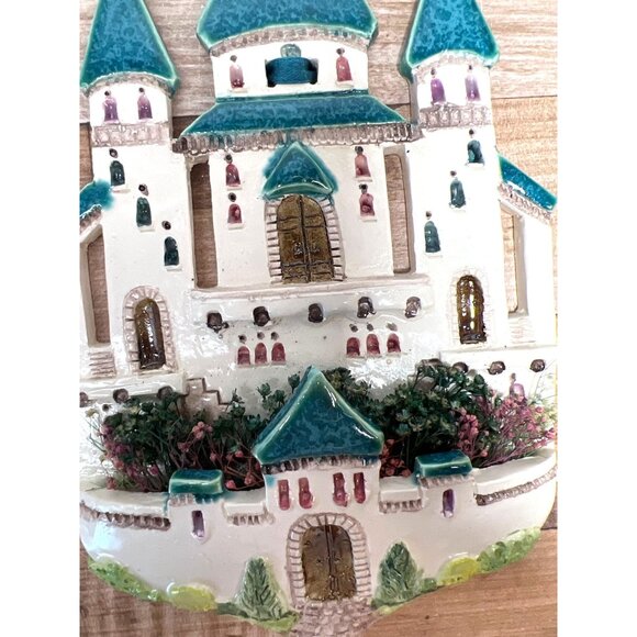 Vintage Handcrafted Ceramic Castle Wall Hanging With Blue Roofs 3D - Picture 2 of 4